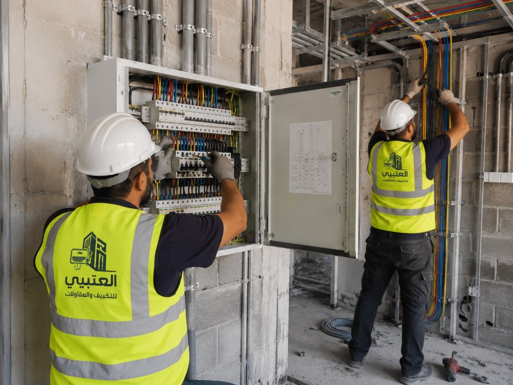 فنيو العتيبي ينفّذون تمديدات ولوحات كهربائية داخل موقع إنشائي