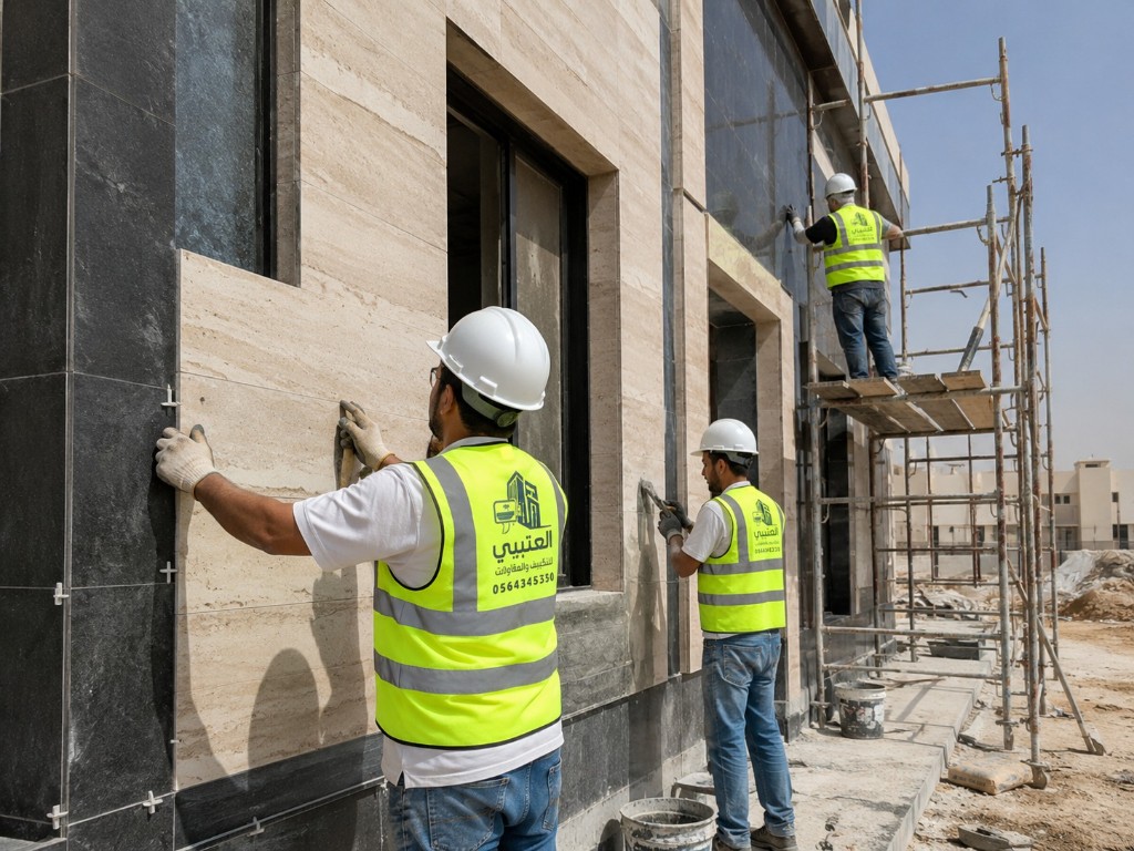 فريق العتيبي ينفّذ واجهات خارجية من الحجر والتشطيبات على واجهة مبنى